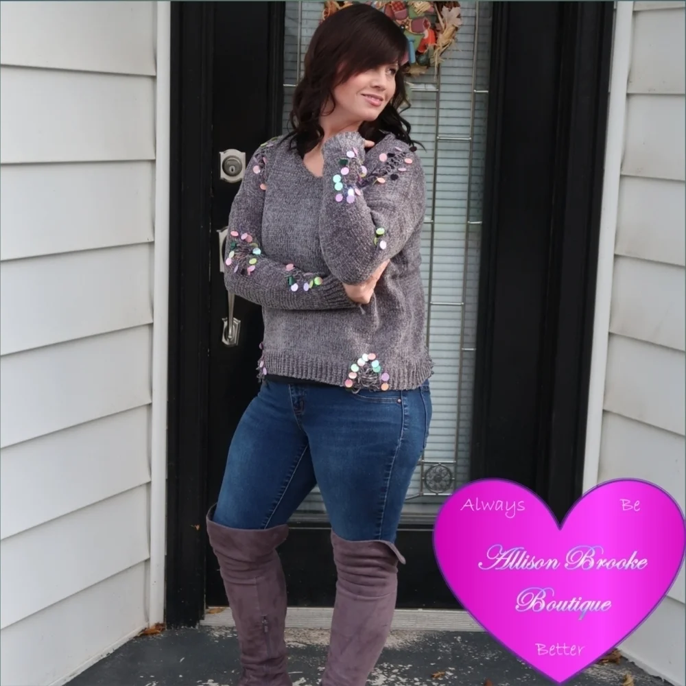 Charcoal Gray Distressed Sequin Sweater | S/M M/L - Picture 3 of 7